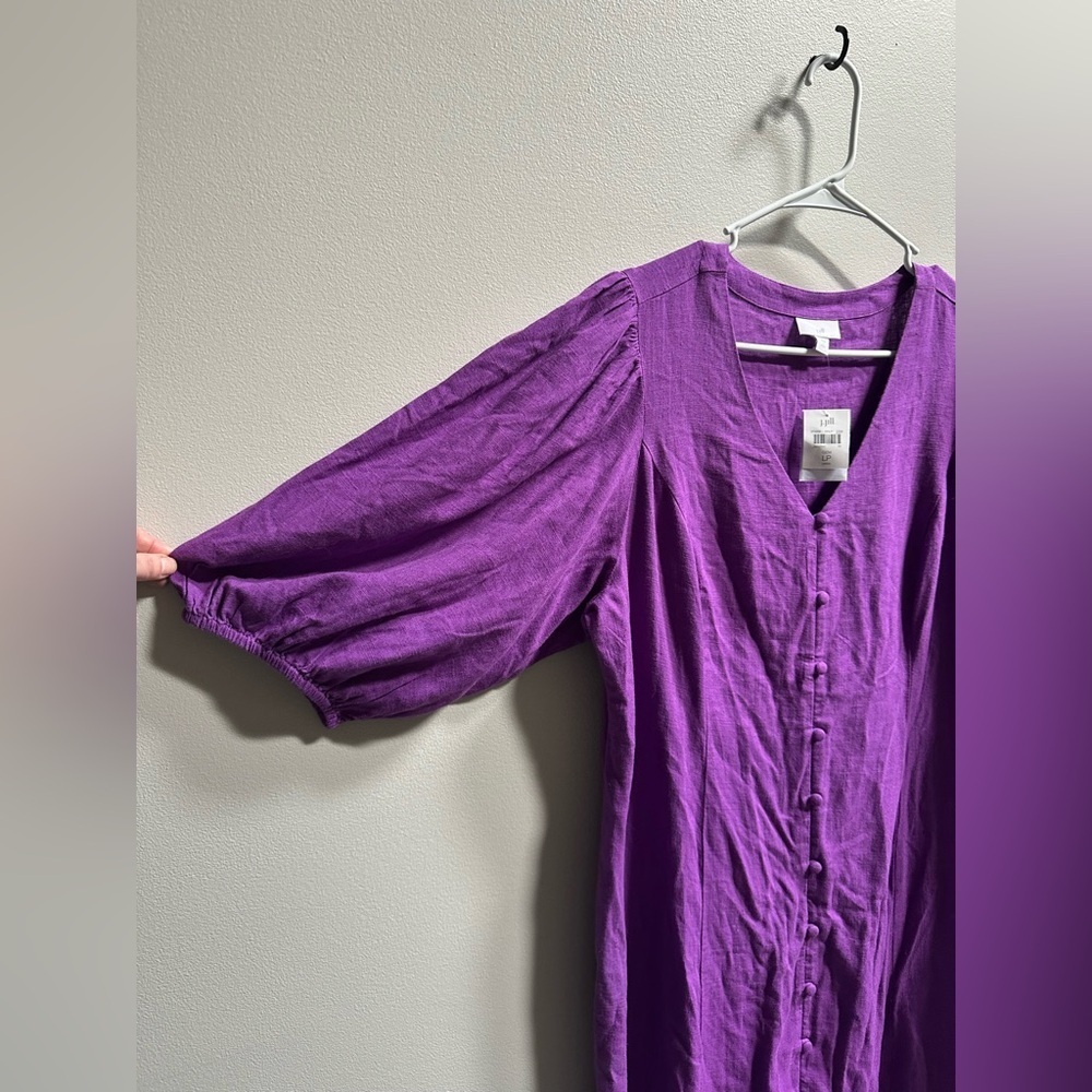 NEW‎ J.Jill Linen Blend Balloon Sleeve Button Front Purple Midi Dress Women’s LP - Picture 9 of 11